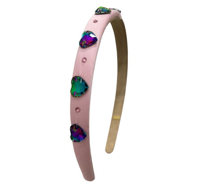 Thin Satin Heart Jeweled Headband Lt. Pink