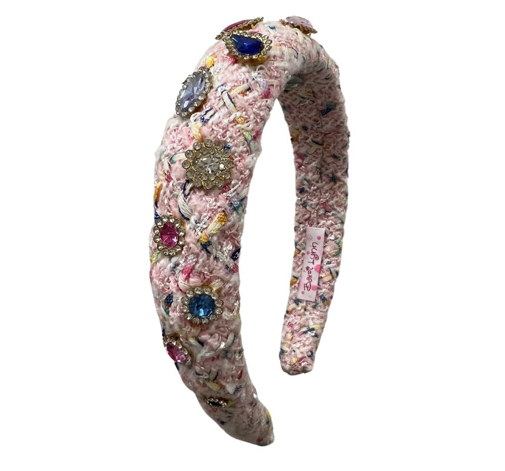 Tweed Jeweled Headband Pink