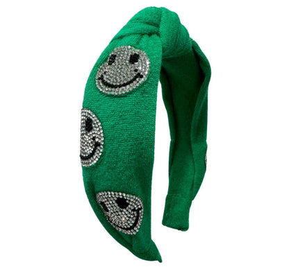 Crystal Smiley On Terry Knot Headband Green