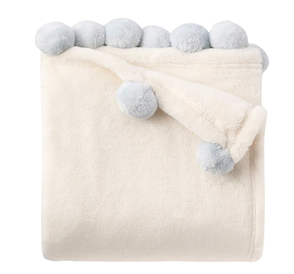 Flannel Fleece Pom Blanket Blue