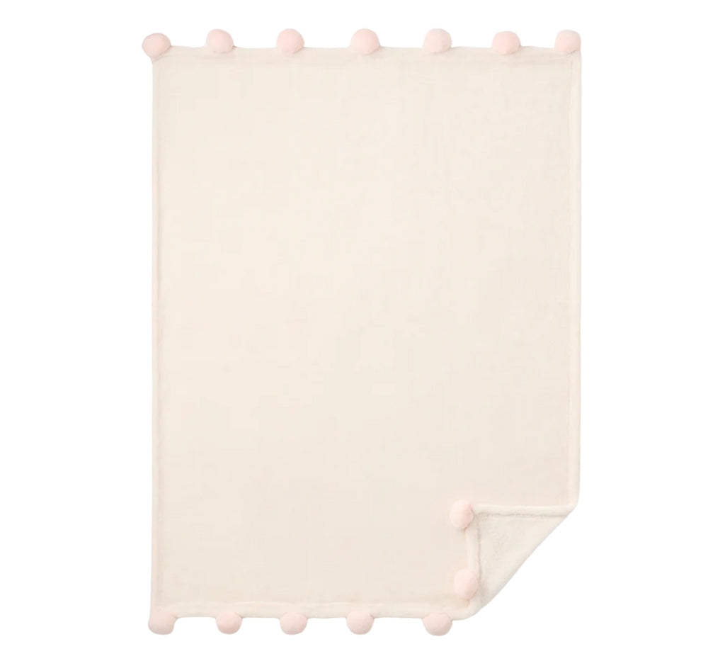 Flannel Fleece Pom Blanket Pink