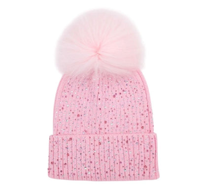 Fully Crystallized Hat With Fur Pom Pink