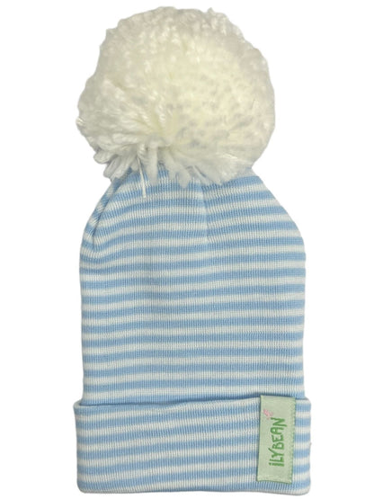 Gorrito Rayas Azul Con Blanco Pom Pom