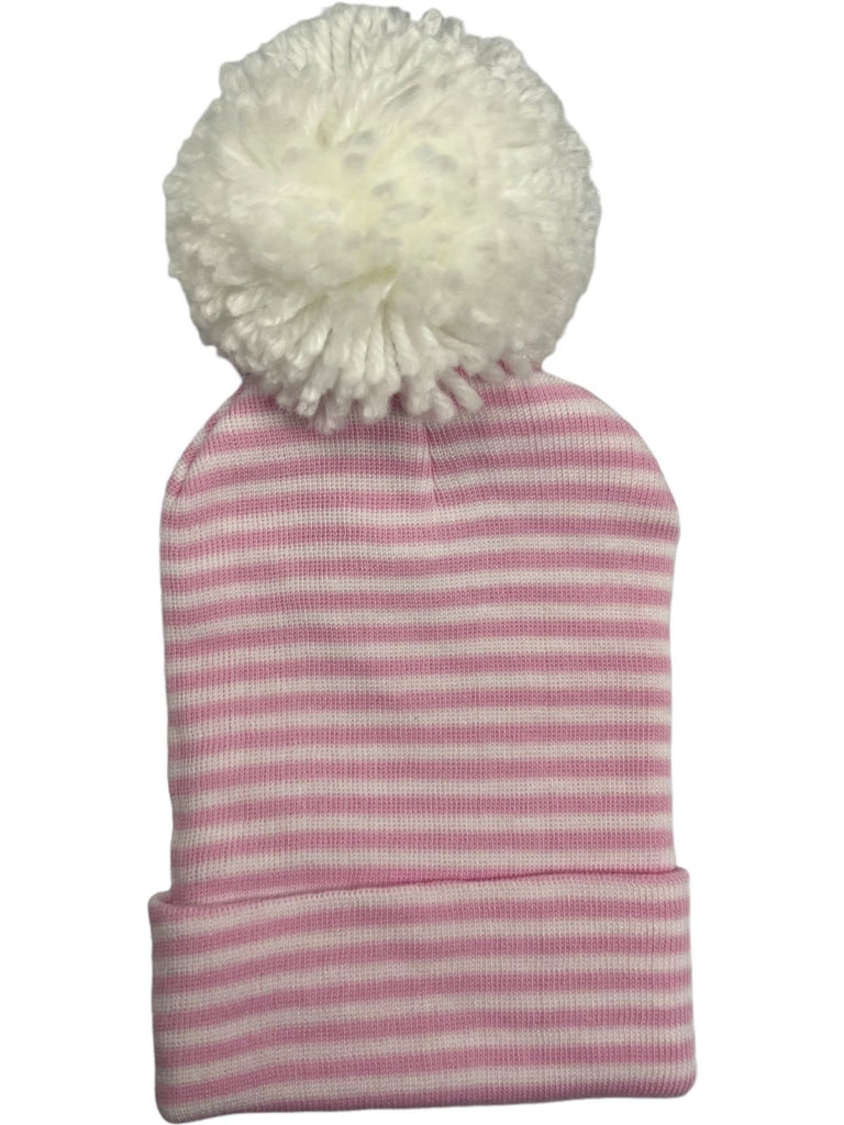 Gorrito Rayas Rosa Con Blanco Pom Pom