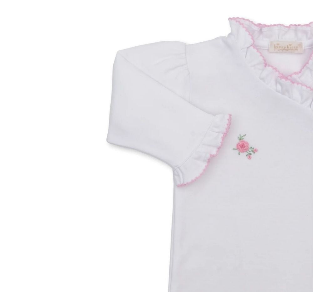 Footie W-Hand Emb Cottage Roses Wht-Pink