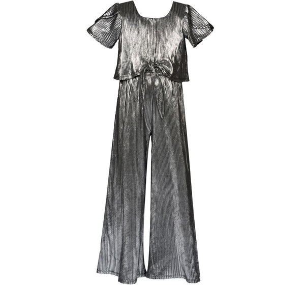 Flutter Sleeve Metallic Jumpsuit Silver