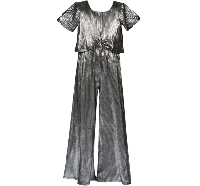 Flutter Sleeve Metallic Jumpsuit Silver