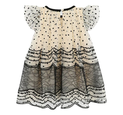 Ivy Spot And Lace Baby Dress Biscuit/Black