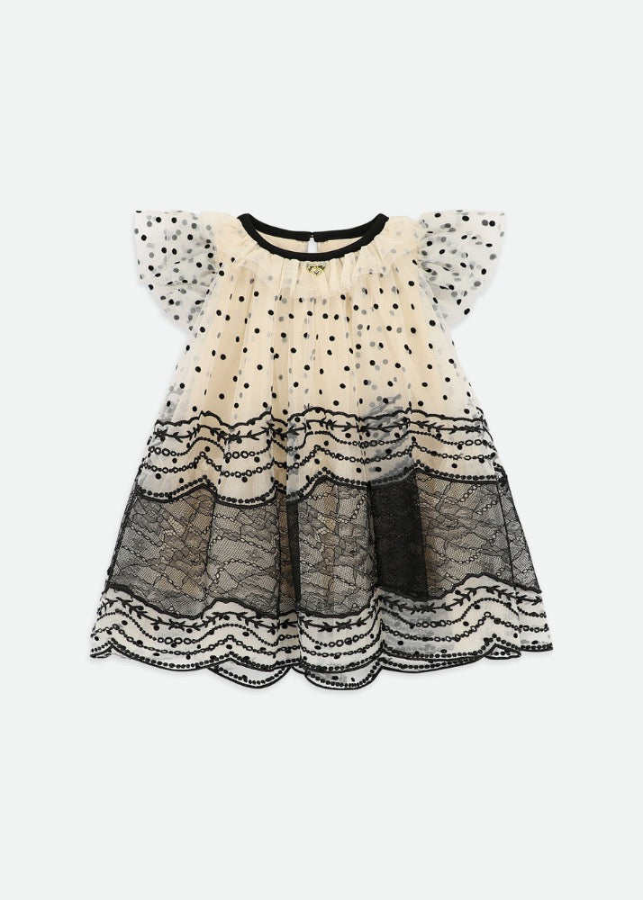 Ivy Spot And Lace Baby Dress Biscuit/Black