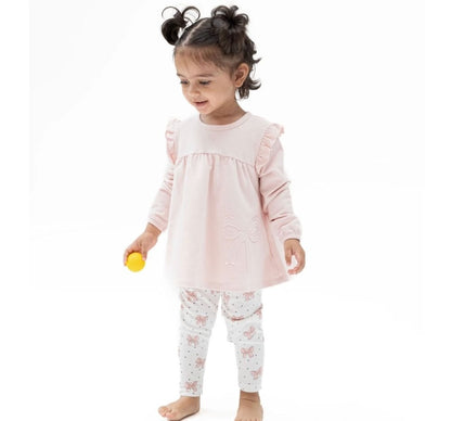Veiled Pink Bows Long Sleeve Sweatshirt with Ruffles and Leggings
