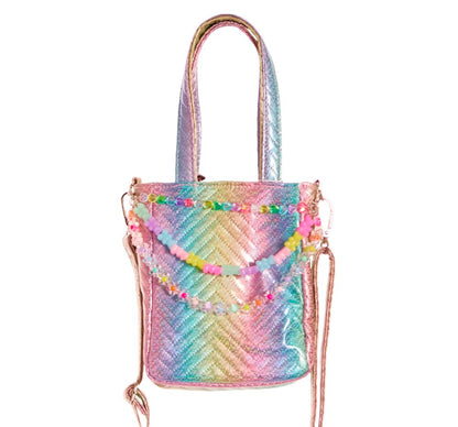 Chevron Pastel 3 Link Charm Top Handle Bag With Crossbody Strap