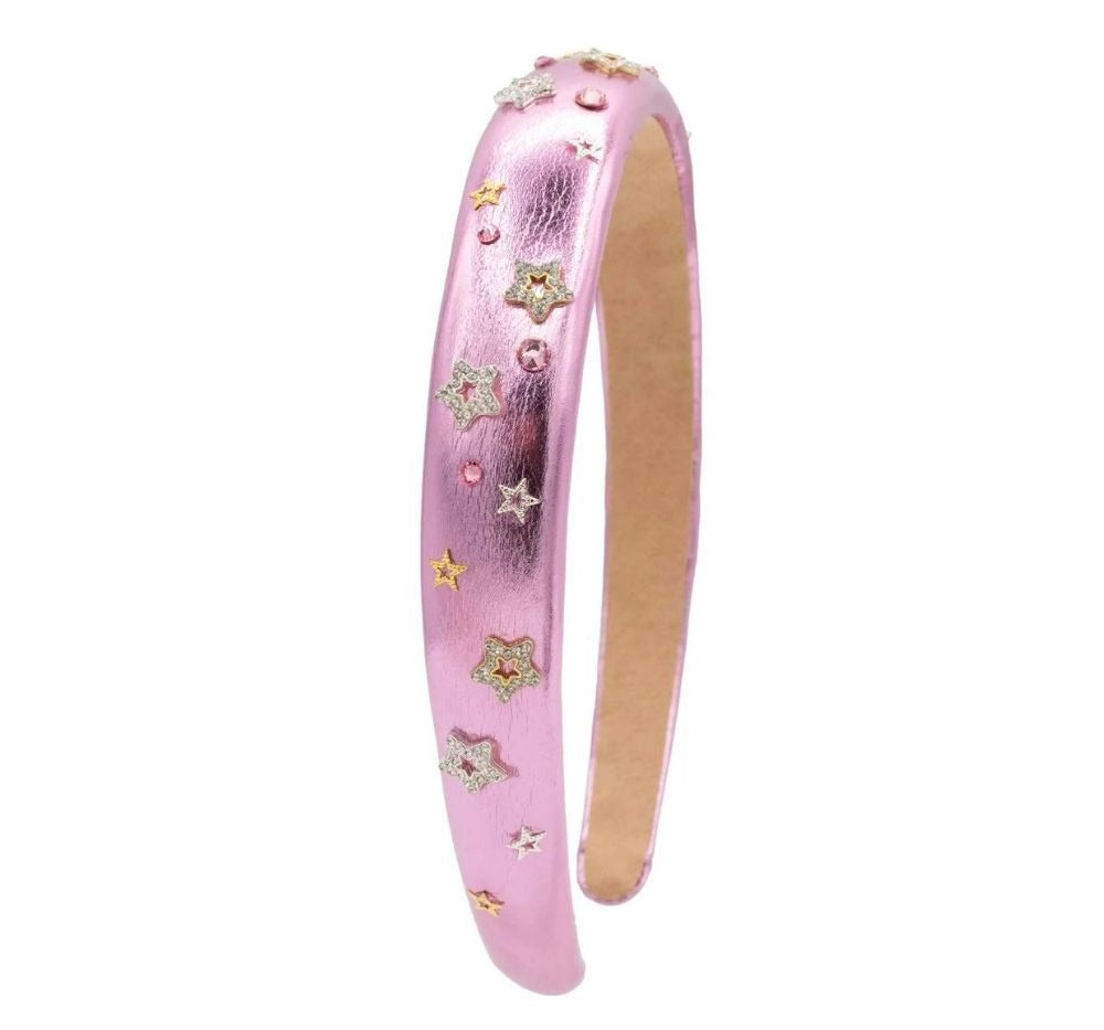 Crystallized Metallic Star Charm Thin Headband Pink