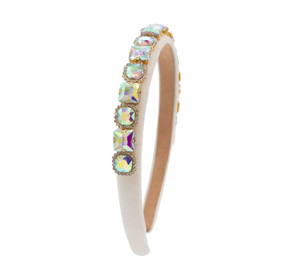 Full Multi Shape Jewel Thin Velvet Headband White