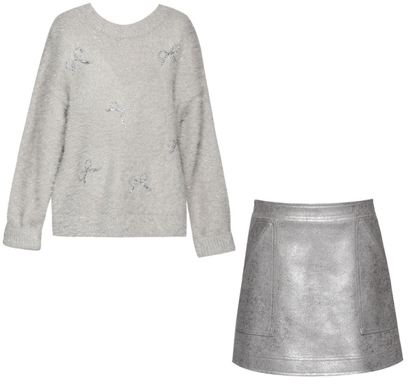 Fuzzy Metallic Sweater W/Sequin Bows Grey & Shimmer Foiled Faux Leather Aline Skirt Silver