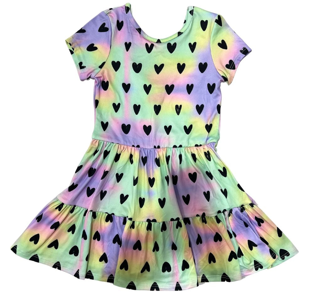 Back Tiered Dress Pastel Black Hearts
