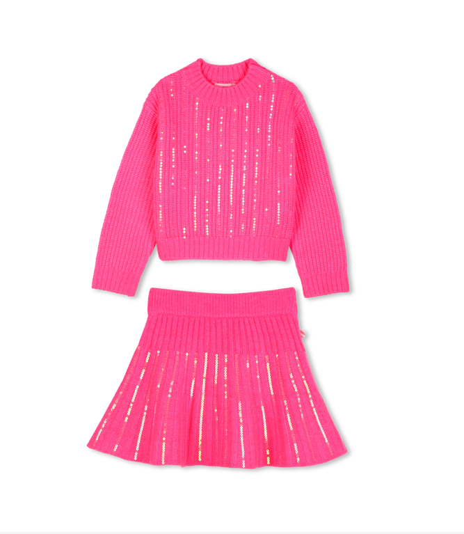 Girls Sequin Sweater & Knit Skirt Pink