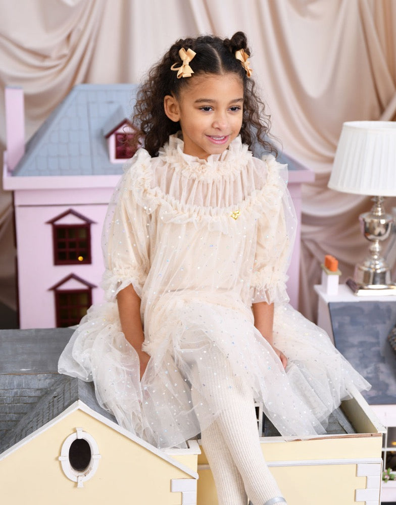 Myrtisa Holographic Heart Tulle Dress Biscuit