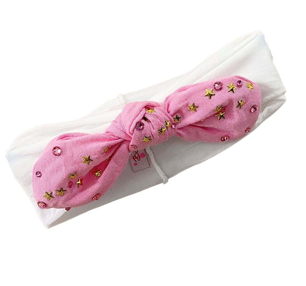 Crystallized Cotton Star Bow Elastic Headband Pink