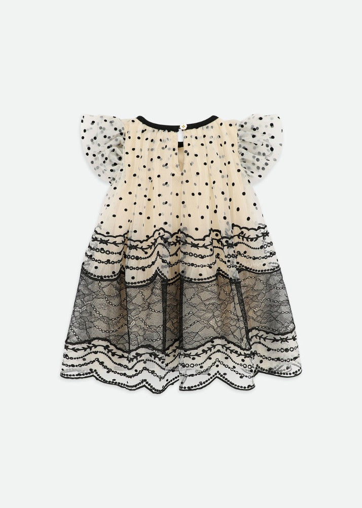 Ivy Spot And Lace Baby Dress Biscuit/Black