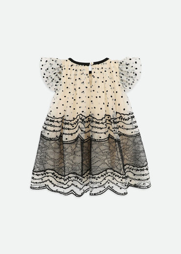 Ivy Spot And Lace Baby Dress Biscuit/Black