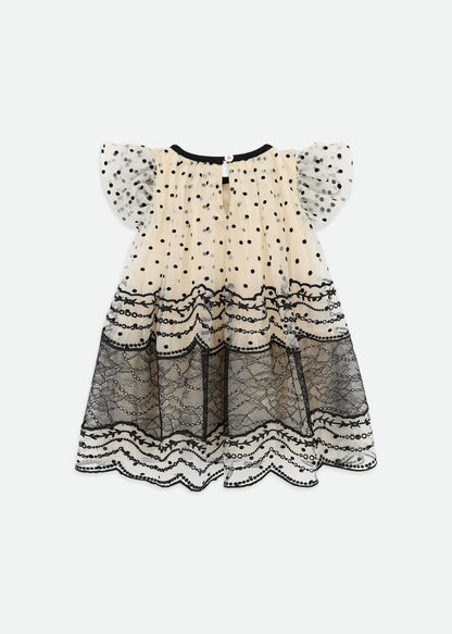 Ivy Spot And Lace Baby Dress Biscuit/Black