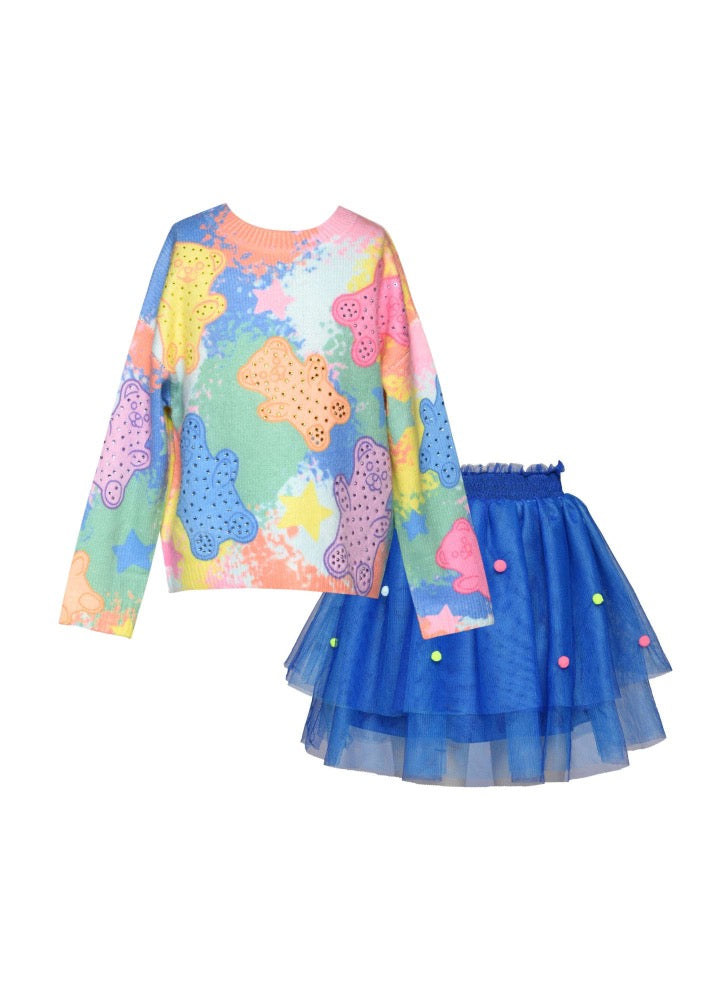 Gummy Bear Printed Sweater & 2 Tier Tutu Skirt W/ Pompom Trims