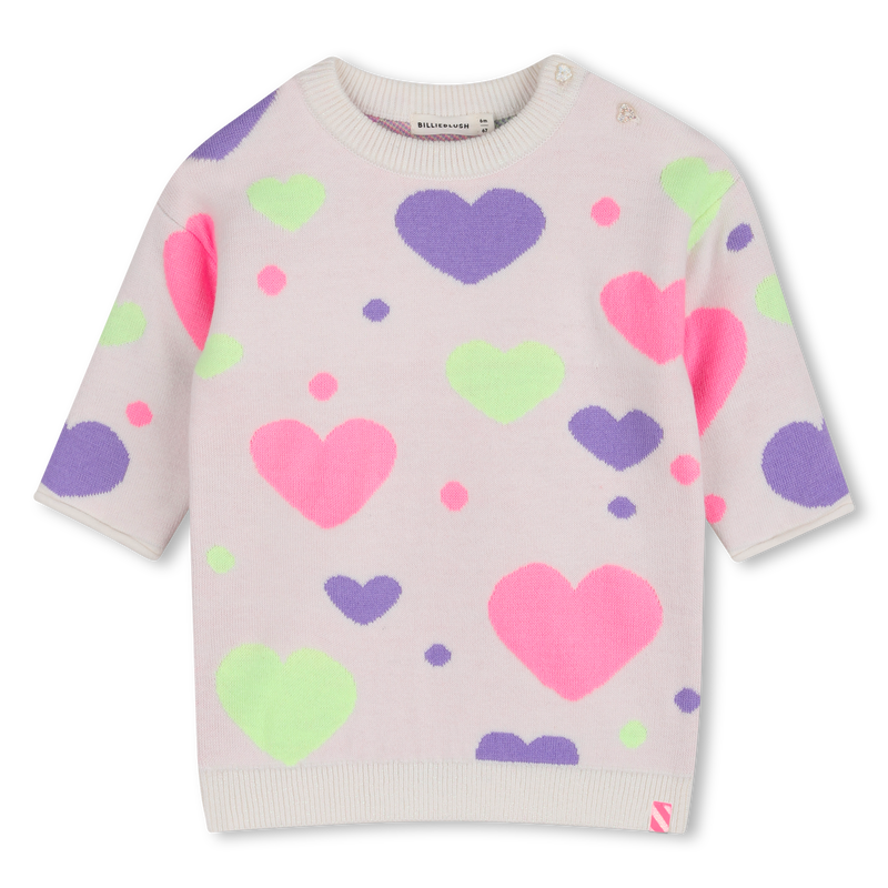 Infant Heart Print Ls Knit Dress Ivory