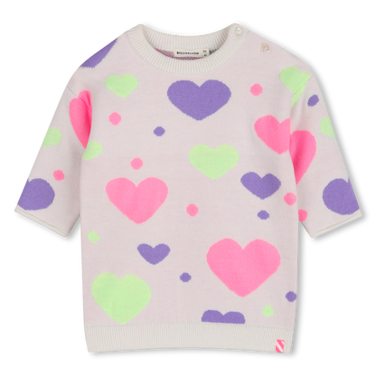 Infant Heart Print Ls Knit Dress Ivory