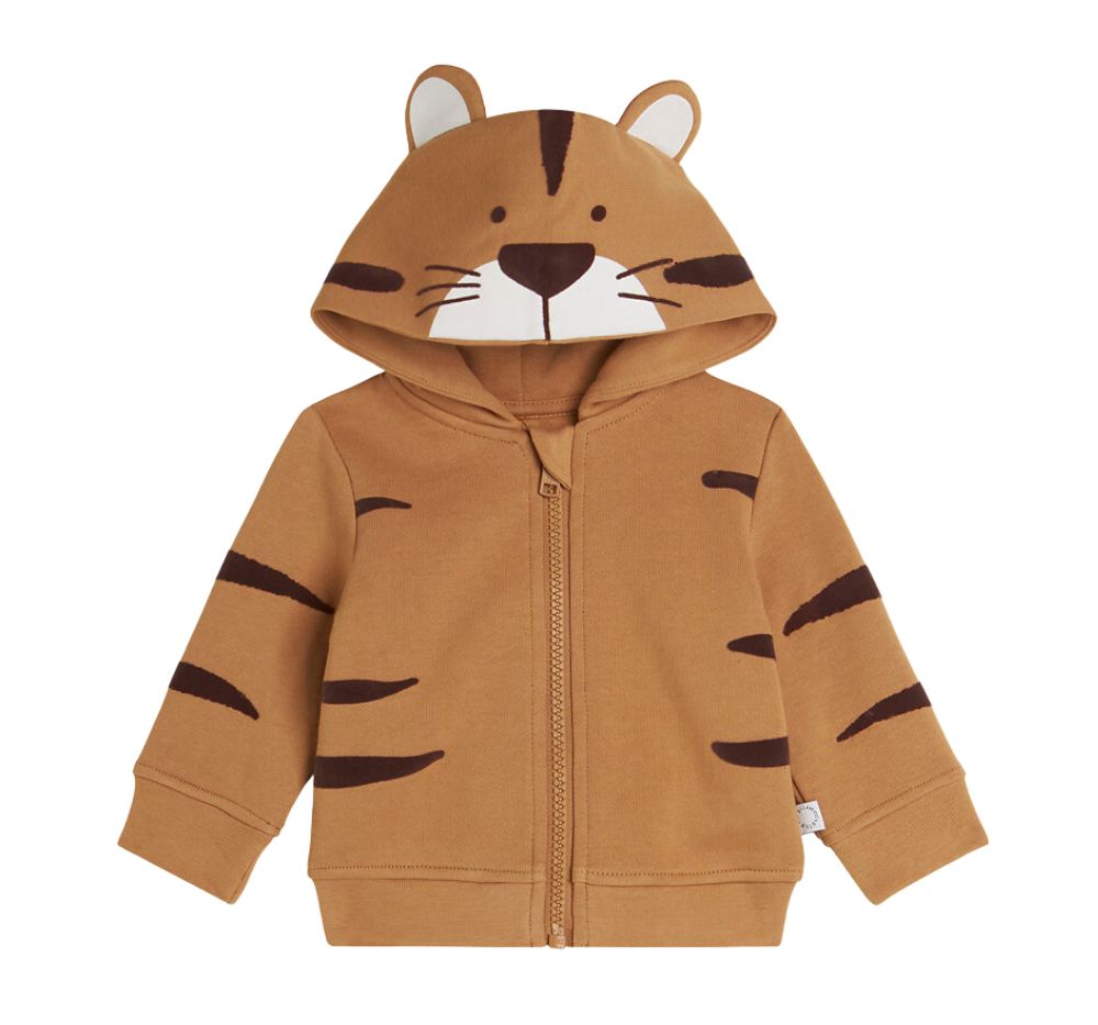 Zip Up Tiger Hooded Sweatshirt Tan