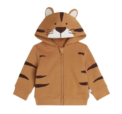 Zip Up Tiger Hooded Sweatshirt Tan