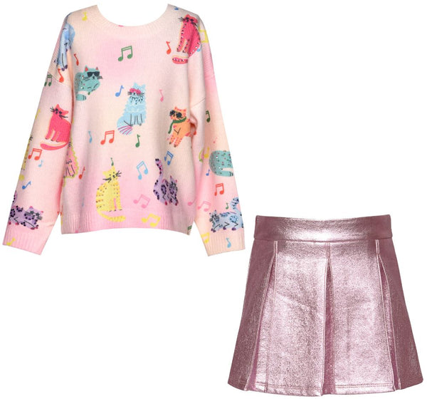 Cat Print Sweater Top Pink Multi & Faux Leather Metallic Pleat Skirt Pink