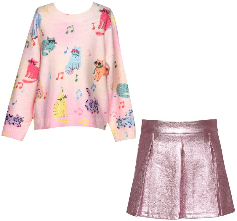 Cat Print Sweater Top Pink Multi & Faux Leather Metallic Pleat Skirt Pink