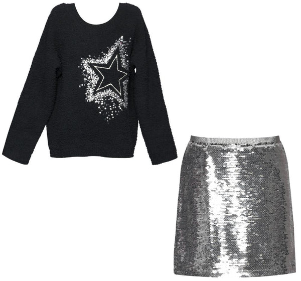 Knit Pullover Sweater W/Embroired Star Black & Sequined Mini Skirt Silver