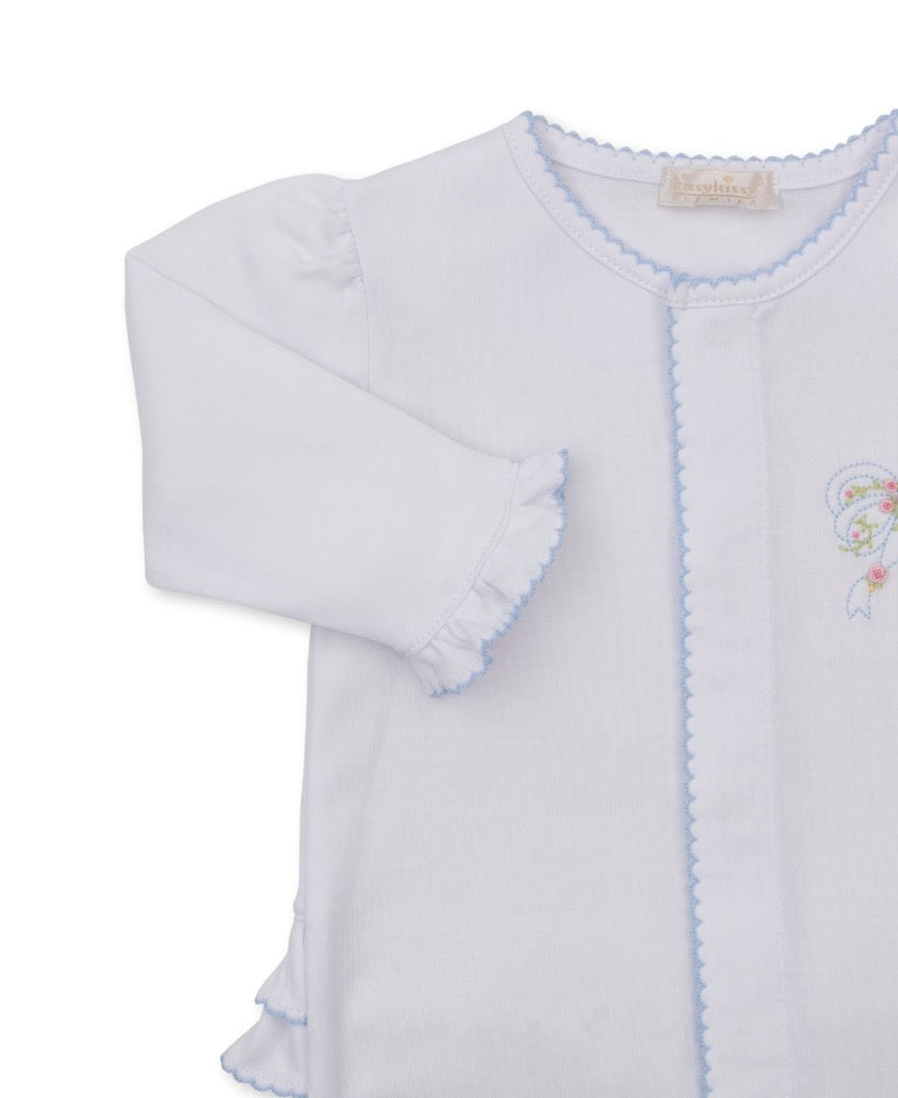 Footie W-Hand Emb Premier Rose Bow Wht-Lt.Blue