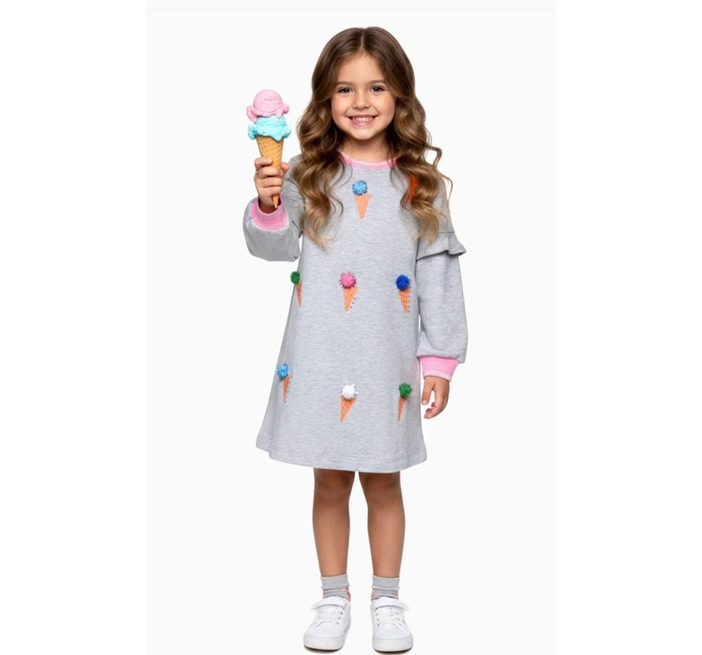 L/S Ruffle Dress W/ Ice Cream Print And Pompom Detail