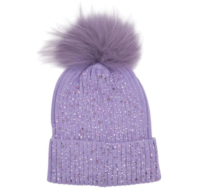 Fully Crystallized Hat With Fur Pom Purple