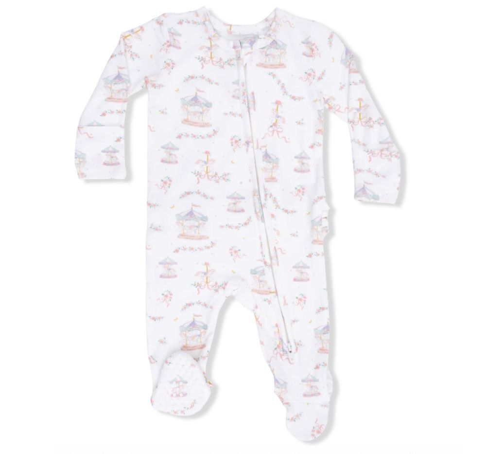Carousel With Bows 2 Way Ruffle Back Zipper Footie