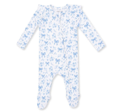 Blue Bows and Flowers 2 Way Ruffle Sleeve Zipper Footie