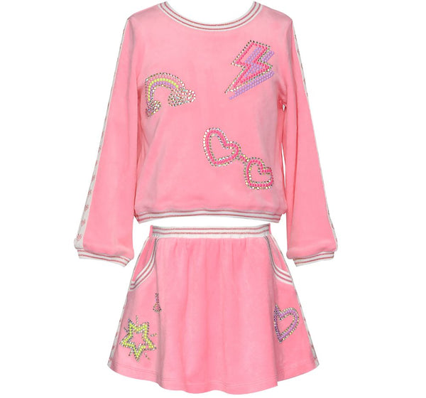 Velour Top W/Rhinestone Detail & Skirt Pink