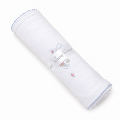 Blanket W/Hand Emb Premier Rose Bow Wh/Lt Blue