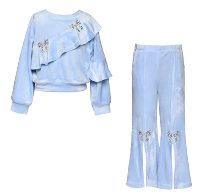 L/S Velour Top W/ Asymmetrical Ruffle & Flared Velour Pants