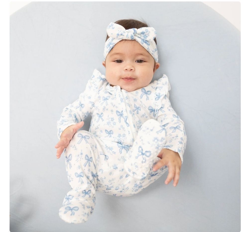 Blue Bows and Flowers 2 Way Ruffle Sleeve Zipper Footie