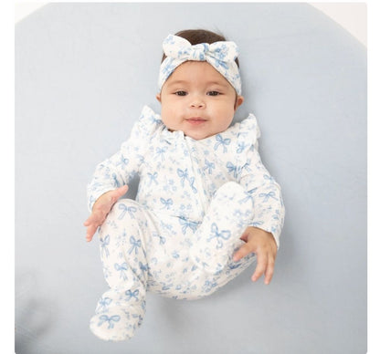 Blue Bows and Flowers 2 Way Ruffle Sleeve Zipper Footie
