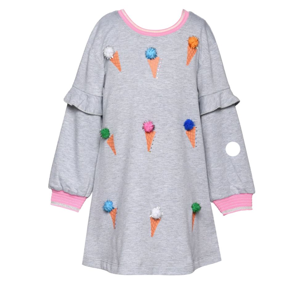 L/S Ruffle Dress W/ Ice Cream Print And Pompom Detail