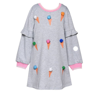 L/S Ruffle Dress W/ Ice Cream Print And Pompom Detail