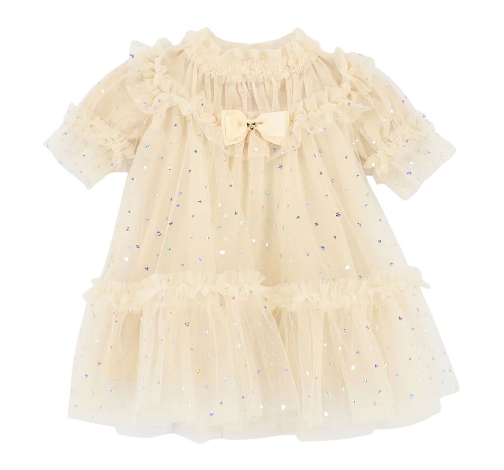 Myrtisa Holographic Heart Baby Dress Biscuit