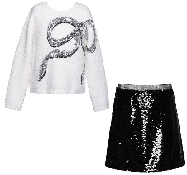 Sweater W/Emb Bow Ivory  & Sqnd Mini Skirt Black