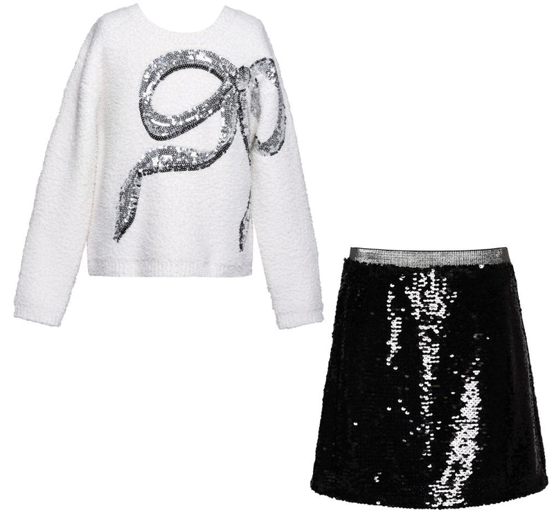 Sweater W/Emb Bow Ivory  & Sqnd Mini Skirt Black