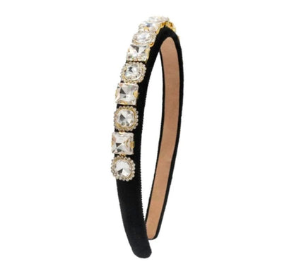 Full Multi Shape Jewel Thin Velvet Headband Black