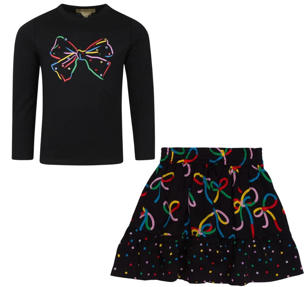 Girl LS Tee With Papillon Hotfix Details Black & Girl Bows Skirt With Polka Dots
